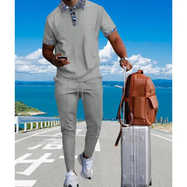 Men's Waffle Shirt T-shirt Suits Shirt and Pant Sets 2 Pieces Outfits Short Sleeve Lapel Summer Color Block Fashion Casual Patchwork 2 Piece Vacation Daily Wear Going out Black White Royal Blue Top