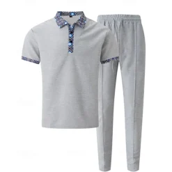 Men's Waffle Shirt T-shirt Suits Shirt and Pant Sets 2 Pieces Outfits Short Sleeve Lapel Summer Color Block Fashion Casual Patchwork 2 Piece Vacation Daily Wear Going out Black White Royal Blue Top