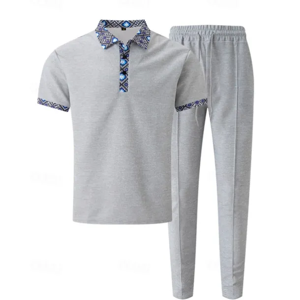 Men's Waffle Shirt T-shirt Suits Shirt and Pant Sets 2 Pieces Outfits Short Sleeve Lapel Summer Color Block Fashion Casual Patchwork 2 Piece Vacation Daily Wear Going out Black White Royal Blue Top