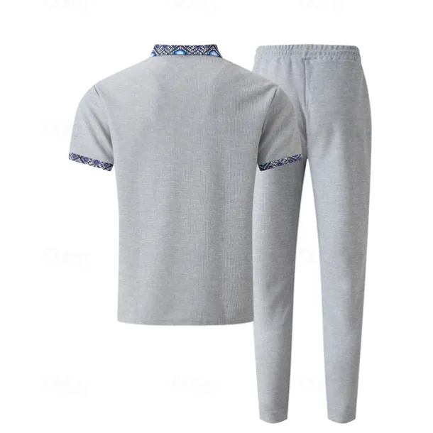 Men's Waffle Shirt T-shirt Suits Shirt and Pant Sets 2 Pieces Outfits Short Sleeve Lapel Summer Color Block Fashion Casual Patchwork 2 Piece Vacation Daily Wear Going out Black White Royal Blue Top