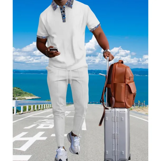 Men's Waffle Shirt T-shirt Suits Shirt and Pant Sets 2 Pieces Outfits Short Sleeve Lapel Summer Color Block Fashion Casual Patchwork 2 Piece Vacation Daily Wear Going out Black White Royal Blue Top