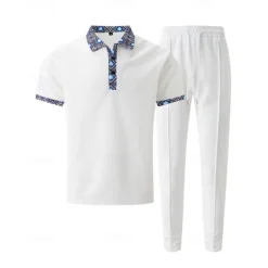 Men's Waffle Shirt T-shirt Suits Shirt and Pant Sets 2 Pieces Outfits Short Sleeve Lapel Summer Color Block Fashion Casual Patchwork 2 Piece Vacation Daily Wear Going out Black White Royal Blue Top