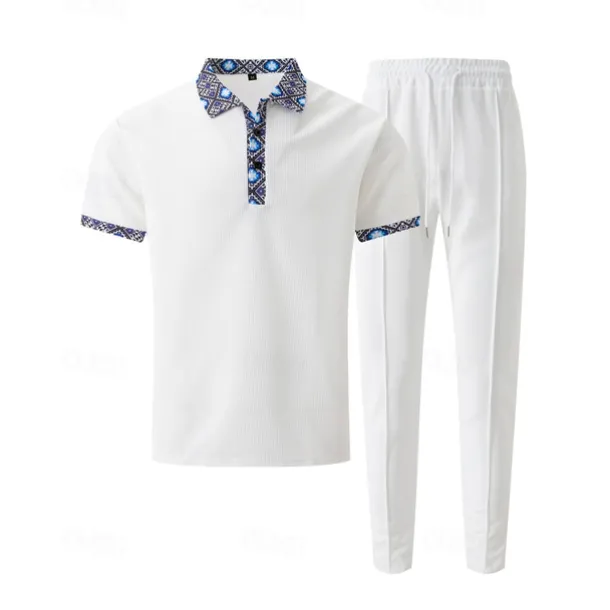 Men's Waffle Shirt T-shirt Suits Shirt and Pant Sets 2 Pieces Outfits Short Sleeve Lapel Summer Color Block Fashion Casual Patchwork 2 Piece Vacation Daily Wear Going out Black White Royal Blue Top