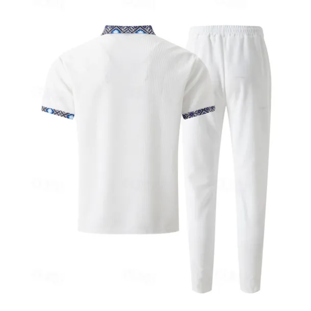 Men's Waffle Shirt T-shirt Suits Shirt and Pant Sets 2 Pieces Outfits Short Sleeve Lapel Summer Color Block Fashion Casual Patchwork 2 Piece Vacation Daily Wear Going out Black White Royal Blue Top