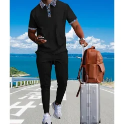 Men's Waffle Shirt T-shirt Suits Shirt and Pant Sets 2 Pieces Outfits Short Sleeve Lapel Summer Color Block Fashion Casual Patchwork 2 Piece Vacation Daily Wear Going out Black White Royal Blue Top