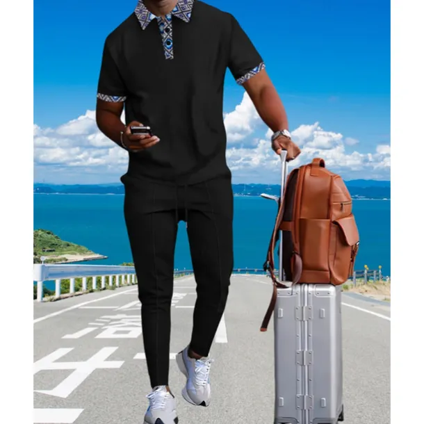 Men's Waffle Shirt T-shirt Suits Shirt and Pant Sets 2 Pieces Outfits Short Sleeve Lapel Summer Color Block Fashion Casual Patchwork 2 Piece Vacation Daily Wear Going out Black White Royal Blue Top