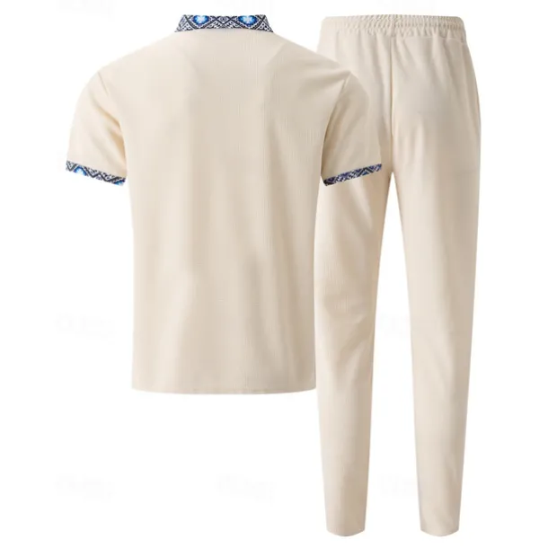 Men's Waffle Shirt T-shirt Suits Shirt and Pant Sets 2 Pieces Outfits Short Sleeve Lapel Summer Color Block Fashion Casual Patchwork 2 Piece Vacation Daily Wear Going out Black White Royal Blue Top