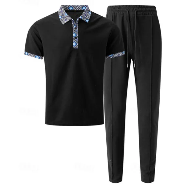 Men's Waffle Shirt T-shirt Suits Shirt and Pant Sets 2 Pieces Outfits Short Sleeve Lapel Summer Color Block Fashion Casual Patchwork 2 Piece Vacation Daily Wear Going out Black White Royal Blue Top