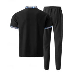 Men's Waffle Shirt T-shirt Suits Shirt and Pant Sets 2 Pieces Outfits Short Sleeve Lapel Summer Color Block Fashion Casual Patchwork 2 Piece Vacation Daily Wear Going out Black White Royal Blue Top