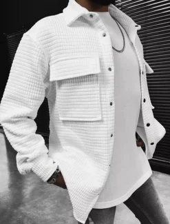 Men's Waffle Shirt Waffle Henley Shirt Shirt Jacket Overshirt Plain Outdoor Daily Wear Black White Brown Long Sleeve Lapel Fall & Winter Clothing Apparel Pocket