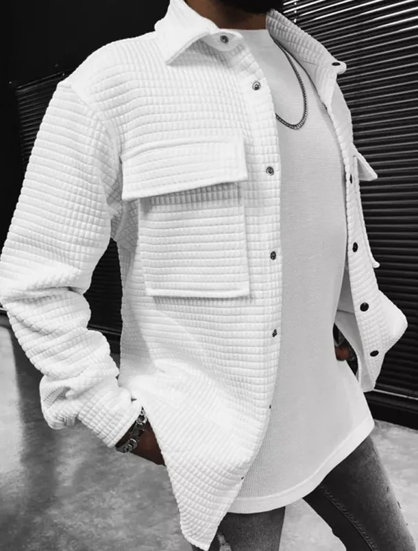 Men's Waffle Shirt Waffle Henley Shirt Shirt Jacket Overshirt Plain Outdoor Daily Wear Black White Brown Long Sleeve Lapel Fall & Winter Clothing Apparel Pocket