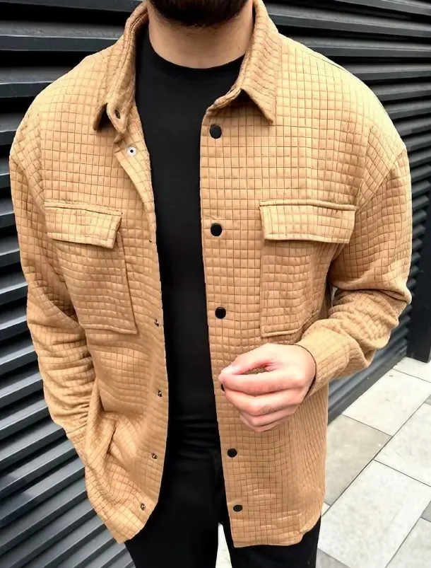 Men's Waffle Shirt Waffle Henley Shirt Shirt Jacket Overshirt Plain Outdoor Daily Wear Black White Brown Long Sleeve Lapel Fall & Winter Clothing Apparel Pocket