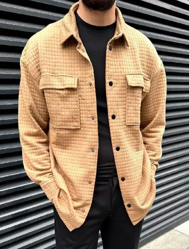 Men's Waffle Shirt Waffle Henley Shirt Shirt Jacket Overshirt Plain Outdoor Daily Wear Black White Brown Long Sleeve Lapel Fall & Winter Clothing Apparel Pocket