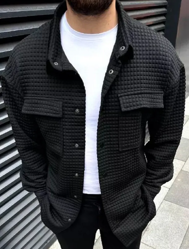 Men's Waffle Shirt Waffle Henley Shirt Shirt Jacket Overshirt Plain Outdoor Daily Wear Black White Brown Long Sleeve Lapel Fall & Winter Clothing Apparel Pocket