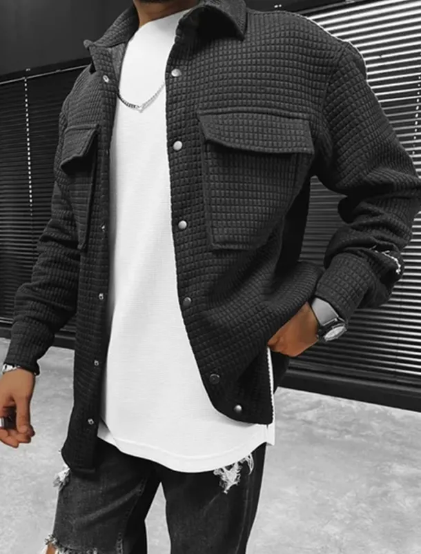 Men's Waffle Shirt Waffle Henley Shirt Shirt Jacket Overshirt Plain Outdoor Daily Wear Black White Brown Long Sleeve Lapel Fall & Winter Clothing Apparel Pocket