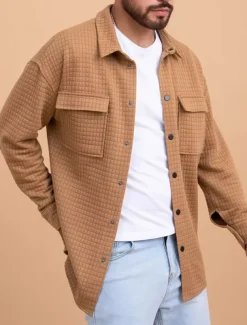 Men's Waffle Shirt Waffle Henley Shirt Shirt Jacket Overshirt Plain Outdoor Daily Wear Black White Brown Long Sleeve Lapel Fall & Winter Clothing Apparel Pocket