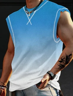 Men's Waffle Shirt Waffle Tank Top Tank Top Vest Top Sleeveless Crew Neck Summer Gradient Fashion Designer Muscle Outdoor Going out Gym Pink Blue Orange Top Tee for Men