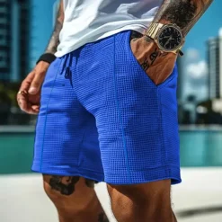 Men's Waffle Shorts Shorts Summer Shorts Casual Shorts Pocket Drawstring Elastic Waist Plain Comfort Breathable Short Outdoor Vacation Sport Casual Black White Micro-elastic