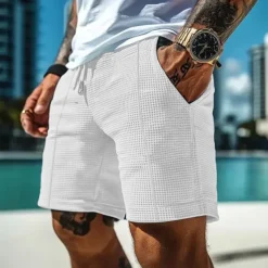 Men's Waffle Shorts Shorts Summer Shorts Casual Shorts Pocket Drawstring Elastic Waist Plain Comfort Breathable Short Outdoor Vacation Sport Casual Black White Micro-elastic