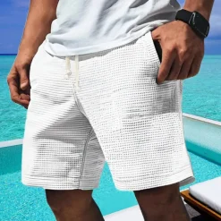 Men's Waffle Shorts Shorts Summer Shorts Casual Shorts Pocket Elastic Waist Drawstring Plain Comfort Breathable Short Outdoor Vacation Sport Casual White Blue