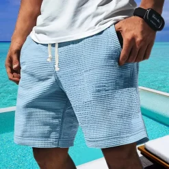 Men's Waffle Shorts Shorts Summer Shorts Casual Shorts Pocket Elastic Waist Drawstring Plain Comfort Breathable Short Outdoor Vacation Sport Casual White Blue