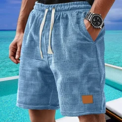 Men's Waffle Shorts Shorts Summer Shorts Casual Shorts Pocket Drawstring Elastic Waist Plain Comfort Breathable Short Outdoor Vacation Sport Casual Black White Micro-elastic