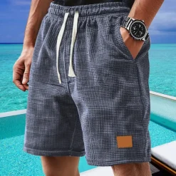 Men's Waffle Shorts Shorts Summer Shorts Casual Shorts Pocket Drawstring Elastic Waist Plain Comfort Breathable Short Outdoor Vacation Sport Casual Black White Micro-elastic