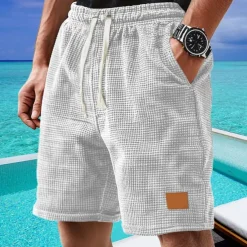 Men's Waffle Shorts Shorts Summer Shorts Casual Shorts Pocket Drawstring Elastic Waist Plain Comfort Breathable Short Outdoor Vacation Sport Casual Black White Micro-elastic