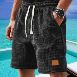 Men's Waffle Shorts Shorts Summer Shorts Casual Shorts Pocket Drawstring Elastic Waist Plain Comfort Breathable Short Outdoor Vacation Sport Casual Black White Micro-elastic