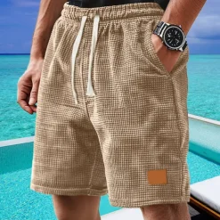 Men's Waffle Shorts Shorts Summer Shorts Casual Shorts Pocket Drawstring Elastic Waist Plain Comfort Breathable Short Outdoor Vacation Sport Casual Black White Micro-elastic
