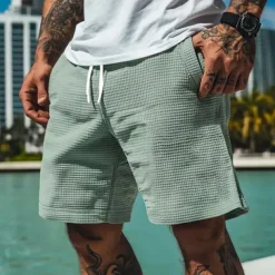 Men's Waffle Shorts Summer Shorts Casual Shorts Pocket Elastic Waist Drawstring Plain Comfort Breathable Short Vacation Holiday Casual Army Green Apricot