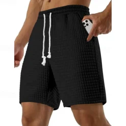 Men's Waffle Shorts Sweat Shorts Bermuda shorts Pocket Drawstring Elastic Waist Plain Comfort Sports Short Outdoor Yoga Daily Casual Athleisure Black White Micro-elastic