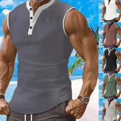 Men's Waffle Tank Top Henley Shirt Vest Top Sleeveless Shirt Sleeveless Henley Summer Plain Fashion Designer Muscle Buttons Outdoor Gym Black White Dark Red Top Tee for Men