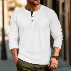 Men's Waffle Tee Button T Shirt T Shirt Henley Shirt Long Sleeve Henley Spring & Fall Plain Raglan Sleeve Fashion Designer Basic Vacation Street Going out Black White Wine Top Tee for Men