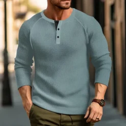 Men's Waffle Tee Button T Shirt T Shirt Henley Shirt Long Sleeve Henley Spring & Fall Plain Raglan Sleeve Fashion Designer Basic Vacation Street Going out Black White Wine Top Tee for Men