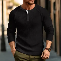 Men's Waffle Tee Button T Shirt T Shirt Henley Shirt Long Sleeve Henley Spring & Fall Plain Raglan Sleeve Fashion Designer Basic Vacation Street Going out Black White Wine Top Tee for Men