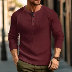 Men's Waffle Tee Button T Shirt T Shirt Henley Shirt Long Sleeve Henley Spring & Fall Plain Raglan Sleeve Fashion Designer Basic Vacation Street Going out Black White Wine Top Tee for Men