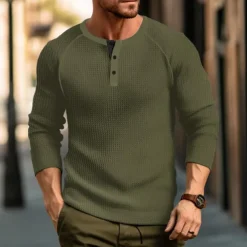 Men's Waffle Tee Button T Shirt T Shirt Henley Shirt Long Sleeve Henley Spring & Fall Plain Raglan Sleeve Fashion Designer Basic Vacation Street Going out Black White Wine Top Tee for Men