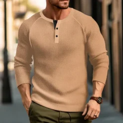 Men's Waffle Tee Button T Shirt T Shirt Henley Shirt Long Sleeve Henley Spring & Fall Plain Raglan Sleeve Fashion Designer Basic Vacation Street Going out Black White Wine Top Tee for Men