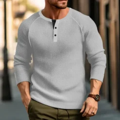Men's Waffle Tee Button T Shirt T Shirt Henley Shirt Long Sleeve Henley Spring & Fall Plain Raglan Sleeve Fashion Designer Basic Vacation Street Going out Black White Wine Top Tee for Men