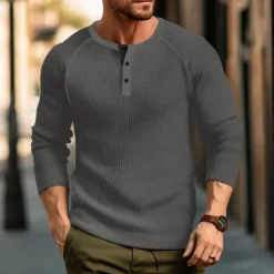 Men's Waffle Tee Button T Shirt T Shirt Henley Shirt Long Sleeve Henley Spring & Fall Plain Raglan Sleeve Fashion Designer Basic Vacation Street Going out Black White Wine Top Tee for Men
