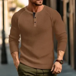 Men's Waffle Tee Button T Shirt T Shirt Henley Shirt Long Sleeve Henley Spring & Fall Plain Raglan Sleeve Fashion Designer Basic Vacation Street Going out Black White Wine Top Tee for Men