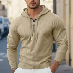 Men's Waffle Tee T Shirt Zip Up Hoodies Long Sleeve Hoodie Spring Fall Spring & Fall Solid Color Knitwear Daily Color-Blocking Outdoor Causal Casual Black White Light Gray Top Tee for Men