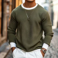 Men's Waffle T-shirt Pullover Sweatshirt Tee Top Long Sleeve Shirt Long Sleeve Crew Neck Spring & Fall Plain Fashion Designer Basic Fashion Fake two piece Vacation Street Going out Dark Brown Army