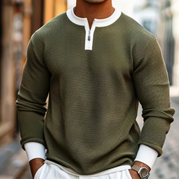 Men's Waffle T-shirt Quarter Zip Tee Tee Top Long Sleeve Shirt Long Sleeve Crewneck Spring & Fall Color Block Fashion Designer Basic Zipper Fake two piece Vacation Street Going out Dark Brown Army