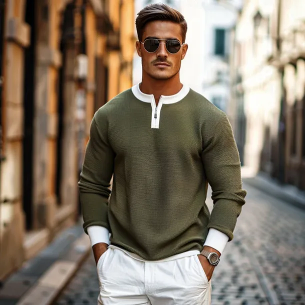 Men's Waffle T-shirt Quarter Zip Tee Tee Top Long Sleeve Shirt Long Sleeve Crewneck Spring & Fall Color Block Fashion Designer Basic Zipper Fake two piece Vacation Street Going out Dark Brown Army