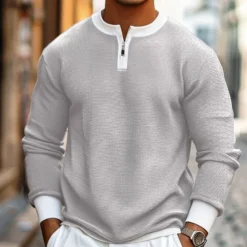 Men's Waffle T-shirt Quarter Zip Tee Tee Top Long Sleeve Shirt Long Sleeve Crewneck Spring & Fall Color Block Fashion Designer Basic Zipper Fake two piece Vacation Street Going out Dark Brown Army