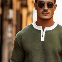 Men's Waffle T-shirt Quarter Zip Tee Tee Top Long Sleeve Shirt Long Sleeve Crewneck Spring & Fall Color Block Fashion Designer Basic Zipper Fake two piece Vacation Street Going out Dark Brown Army