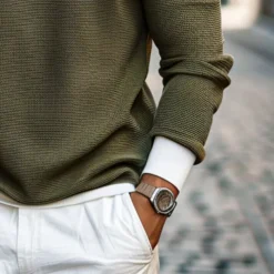 Men's Waffle T-shirt Quarter Zip Tee Tee Top Long Sleeve Shirt Long Sleeve Crewneck Spring & Fall Color Block Fashion Designer Basic Zipper Fake two piece Vacation Street Going out Dark Brown Army