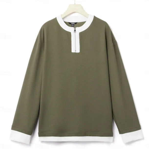 Men's Waffle T-shirt Quarter Zip Tee Tee Top Long Sleeve Shirt Long Sleeve Crewneck Spring & Fall Color Block Fashion Designer Basic Zipper Fake two piece Vacation Street Going out Dark Brown Army